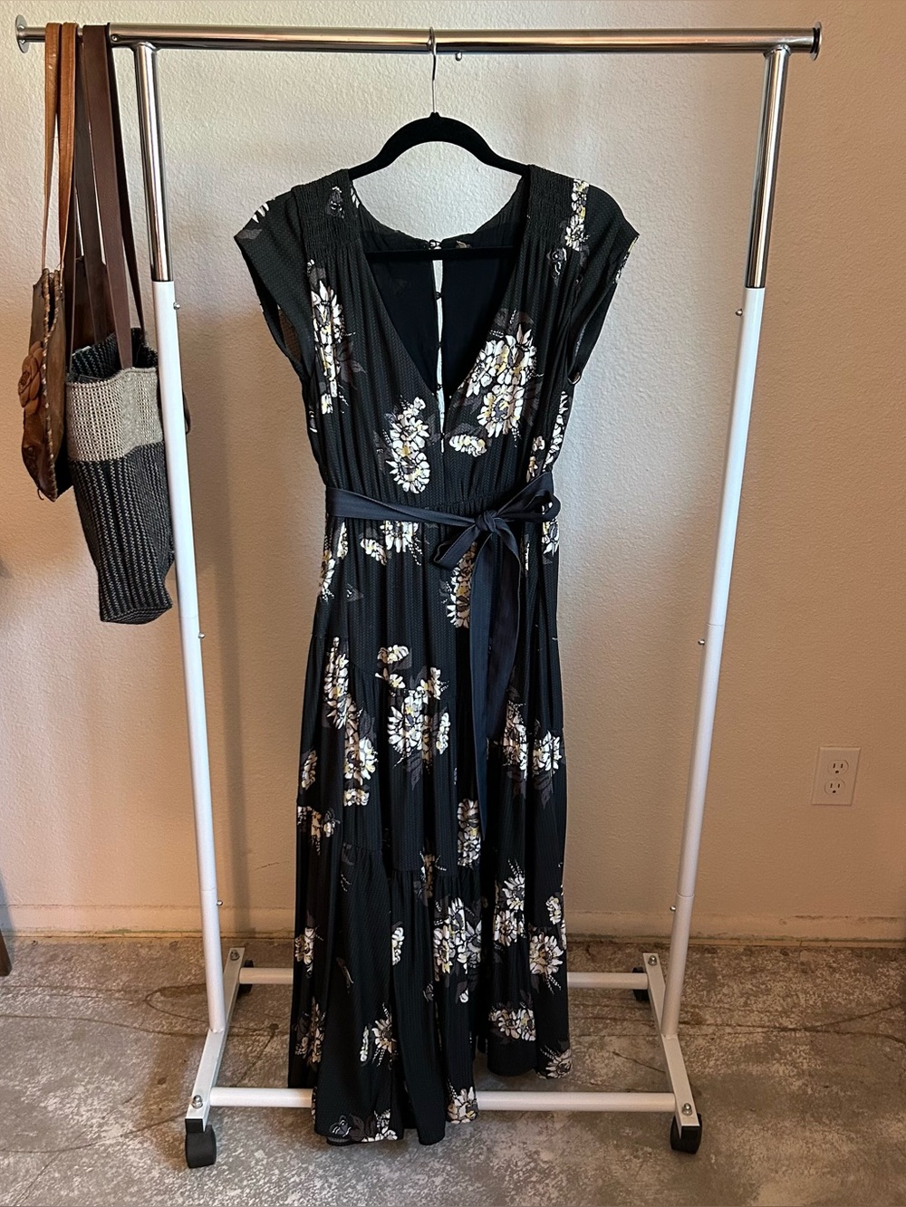 Free People Black Floral V-Neck Maxi Dress with Waist Tie